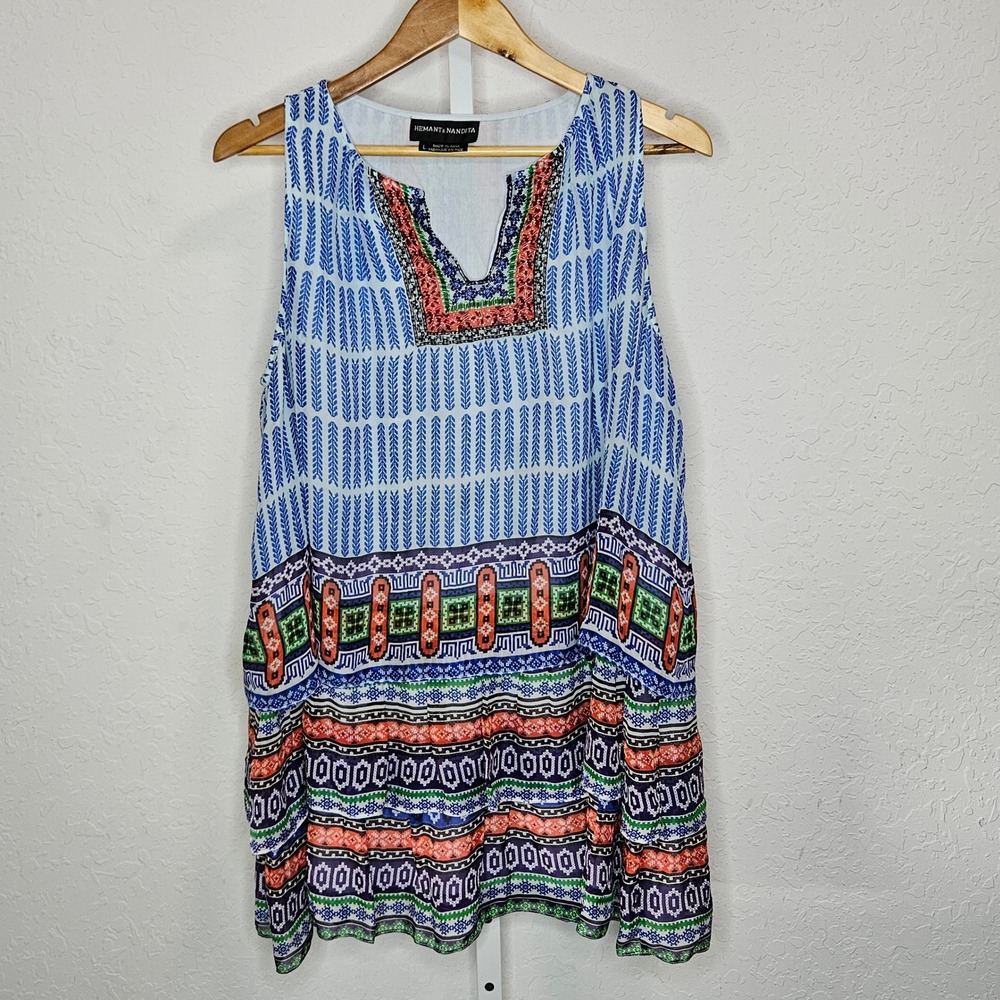 Hemant and Nandita Silk Beaded Tunic Top Womens Large Blue Geometric Tribal Boho